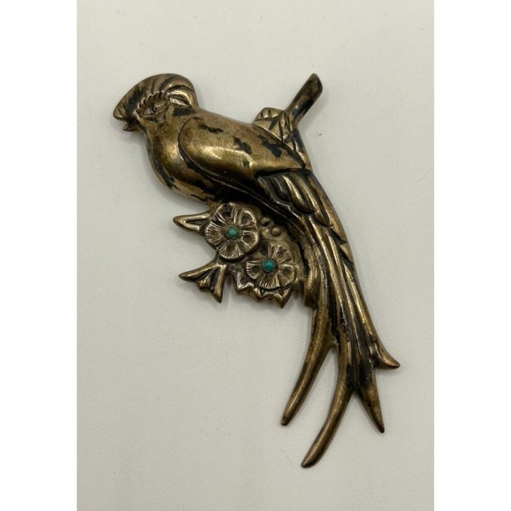 Vintage Mexico Silver & Turquoise Floral Quetzal Bird Brooch